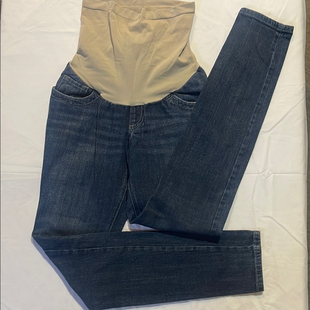 Indigo Blue Straight Leg Jeans in Blue and Tan